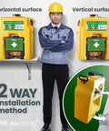 14 Gallon Portable Eye Wash Station With Wall Mount OSHA Compliant Emergency Eyewash Kit Featuring Dual Spray Nozzles And Mirror For Quick Flush in horizontal and vertical installation.