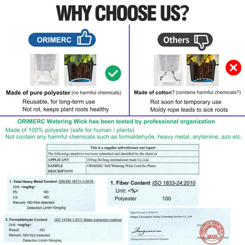 Comparison of polyester and cotton materials for 15 ft self watering capillary wick cord for plants and DIY hydroponics.