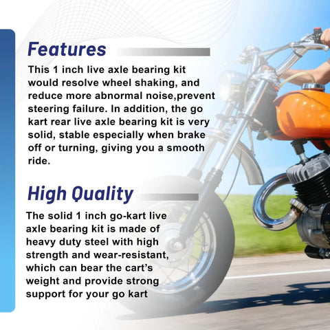 Beefy 1 Inch Live Axle Bearing Kit With 3 Hole Flange Hangers For Go Karts displayed beside an orange mini bike on road