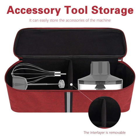 Kickass Deep Red Hand Blender Carry Case With Thick Padding For Snug Storage Of Immersion Blenders And Stick Mixers featuring interior accessory storage.