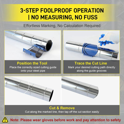 3-step operation of Heavy Duty Magnetic Steel Pipe Cutting Guide Kit Slide Right On And Skip The Math For 22 5 45 90 Degree Saddle Notches.