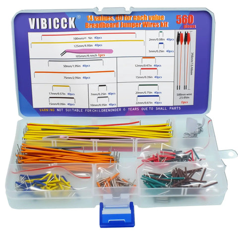 14 Value Solderless Flexible Breadboard Jumper Wire Kit With 560 Pieces Plus 65 Extra Wires And 2 Crocodile Clips in storage box