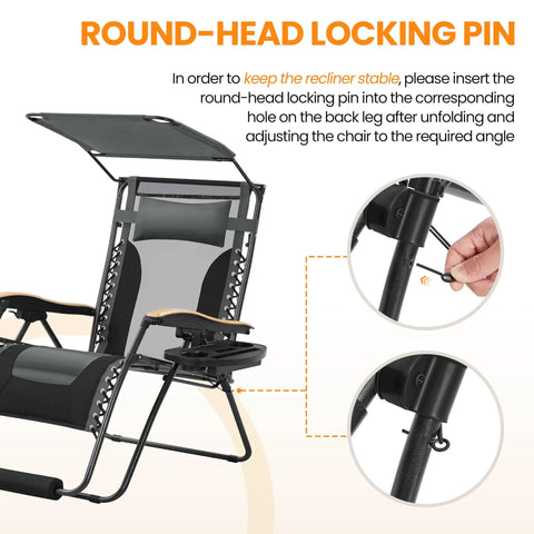 Zero Gravity Patio Lounge Chair with Cup Holder Tray, Canopy Shade, Headrest, showing round-head locking pin mechanism.