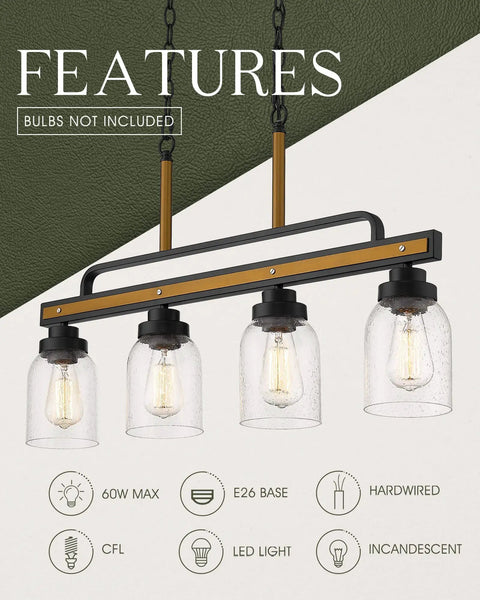 Farmhouse Linear Pendant Lighting For Kitchen Island 4 Light Fixtures With Black And Vintage Brass Finish, features chart