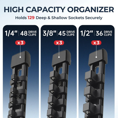 9 Piece Socket Organizer Set With 1/4 Inch 48 Clips, 3/8 Inch 45 Clips, And 1/2 Inch 36 Clips, Heavy Duty ABS Rail Holder Image