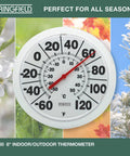 Wireless Indoor Outdoor Dial Thermometer With An 8 Inch Display For Patio Pool And Indoor Use Weather Resistant White Shows Easy To Read Large Numbers From Minus 60 To 120 Degrees Fahrenheit. 8-inch white dial thermometer with red needle, shown front view