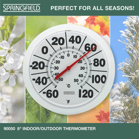 Wireless Indoor Outdoor Dial Thermometer With An 8 Inch Display For Patio Pool And Indoor Use Weather Resistant White Shows Easy To Read Large Numbers From Minus 60 To 120 Degrees Fahrenheit. 8-inch white dial thermometer with red needle, shown front view