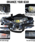 Close-up of opened 17 Inch Fishing Tackle Carrier Bag With Two Front Pockets Travel Large Capacity Rod Case showing compartments