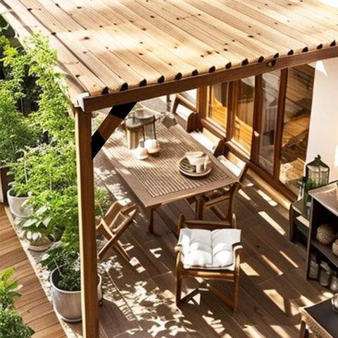 Eight Piece 45 Degree Pergola Bracket Set For 2x4 Lumber Heavy Duty Angle Supports With Drainage Holes installed on wooden patio