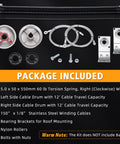 Heavy Duty Ramp Door Spring Kit For 6 Foot Wide Cargo Trailers With 60 Lb Torsion Spring, Cables And Drums package contents