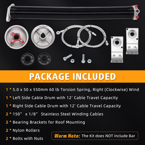 Heavy Duty Ramp Door Spring Kit For 6 Foot Wide Cargo Trailers With 60 Lb Torsion Spring, Cables And Drums package contents