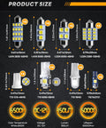 Diagram of Loaded 48 Piece LED Interior Car Lights Kit with bulb sizes and specs for various sockets.
