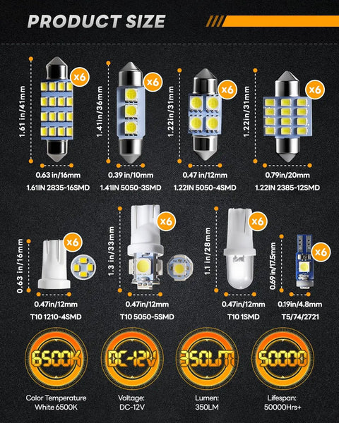 Diagram of Loaded 48 Piece LED Interior Car Lights Kit with bulb sizes and specs for various sockets.