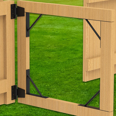 Heavy Duty Gate Corner Brace Kit No Sag Anti Sag Solid Iron Brackets For Shed Doors shown on wooden gate frame