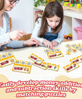 Kid Friendly Money Mastery Activity Set For Learning And Hands On Pretend Play showing kids with money puzzle cards and coins.