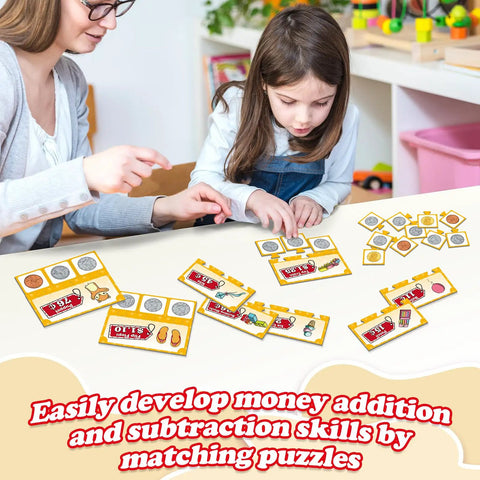 Kid Friendly Money Mastery Activity Set For Learning And Hands On Pretend Play showing kids with money puzzle cards and coins.