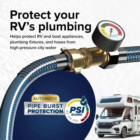 Brass RV water pressure regulator with gauge, front view, braided hose