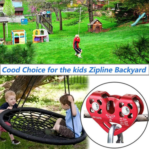 Children playing on zipline and swing set with Heavy Duty Double Trolley Zipline Kit With 25kN Carabiner And Dual Tandem Pulleys.