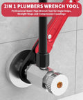 2 In 1 Plumbing Wrench Kit For Angle Stop And Supply Nut Installations on a pipe fitting, showing red handle and compression nuts.