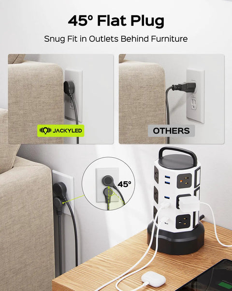 10ft Power Strip Tower Surge Protector with 13A, 12 Outlets, 6 USB Ports in use with 45-degree flat plug behind a couch.