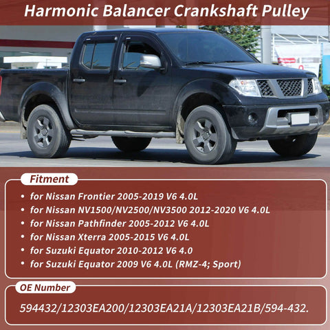 Black Nissan truck showcasing Engine Harmonic Balancer Crankshaft Pulley 7 Groove For Nissan Frontier 2005-2019 4.0L V6, OE numbers listed.