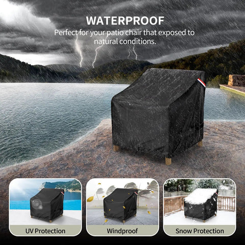 Heavy Duty Waterproof Patio Chair Covers 2 Pack For Deep Seat Outdoor Lounge Chairs Fits Up To 32 W X 37 D X 36 H Inches All Weather Outdoor Furniture Covers Black showing waterproof feature in heavy rain
