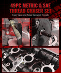 Reywoo 49‑pc metric/SAE thread chaser set; red packaging; bolt thread cleaning and engine repair use.