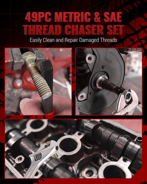 Reywoo 49‑pc metric/SAE thread chaser set; red packaging; bolt thread cleaning and engine repair use.