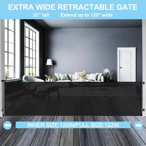 120 Inch Extra Wide Retractable Baby Gate for Large Openings in living room, doorways indoor outdoor use ultra long mesh pet gate black