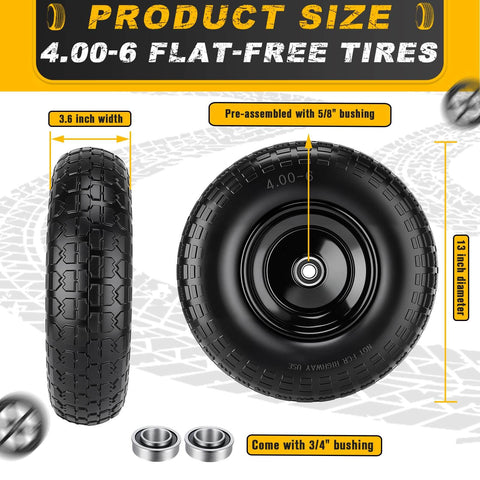 No Flat 4 To 6 Wheel And Tire Set With 13 Inch Wheels Solid Foam Filled Tires For Wheelbarrows Garden Carts Dollies