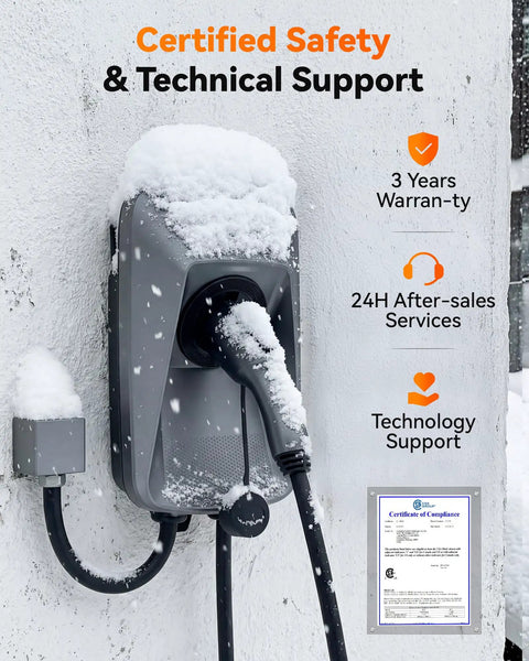 50 Amp Level 2 EV Charger with J1772, hardwired, NEMA 14-50 plug, 25-ft cable, outdoor use, covered in snow on wall, fast 48 MPH charging
