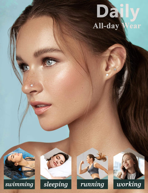 Woman wearing Dope Threadless Nose Ring Set In 14K Gold Filled, 20G 18G 16G Nose Studs For Women And Men, shown in daily activities.