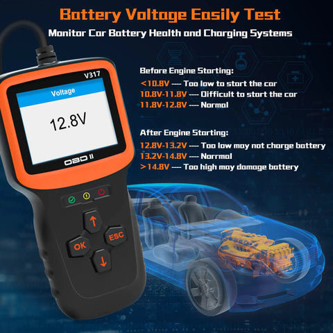 OBD2 Car Diagnostic Scanner Tool For All Cars 1996 And Later Read And Clear Check Engine Codes, checks battery voltage display.