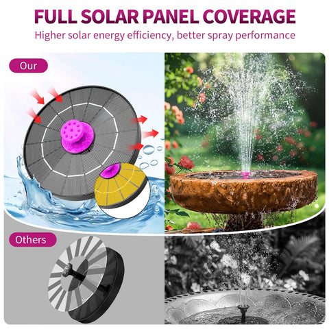 Hot Pink Solar Bird Bath Fountain Pump With 4W Solar Panel, 6.3 Inch High Efficiency Water Pump, 8 Nozzles For Hummingbirds In The Garden Patio Pool And Pond, Outdoor Sun Powered Water Feature, No Wires, Easy Setup comparison between two solar pumps, featuring hot pink design with full solar panel coverage and water spray