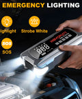 Kickstart Any Ride Smooth Today With This 6000A Auto Battery Booster And Dual Cylinder Tire Inflator Features PD 65W Fast Charge Easy Setup showing emergency lighting functionality.