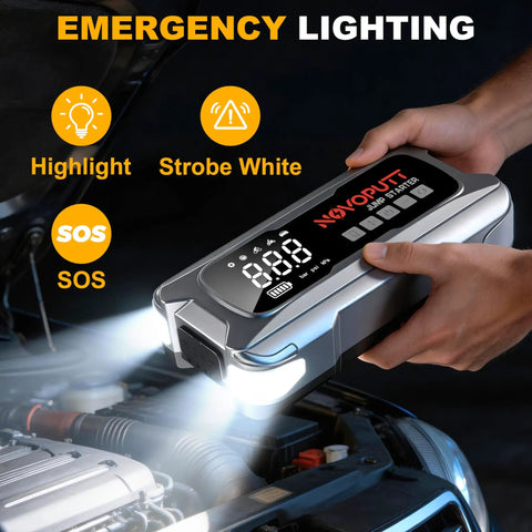 Kickstart Any Ride Smooth Today With This 6000A Auto Battery Booster And Dual Cylinder Tire Inflator Features PD 65W Fast Charge Easy Setup showing emergency lighting functionality.