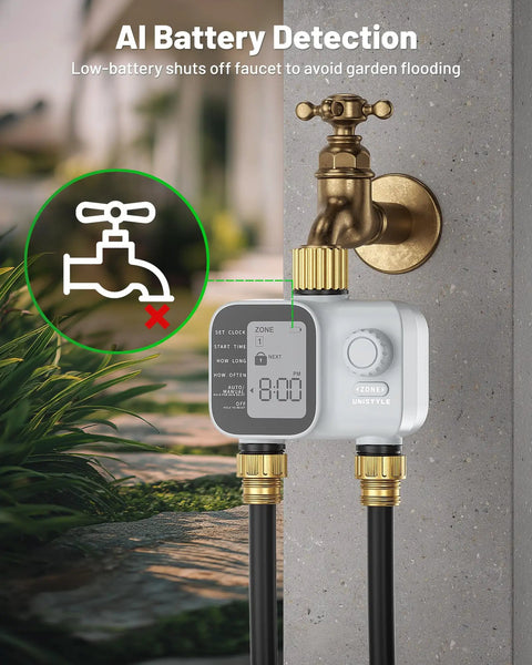 Heavy Duty Two Zone Sprinkler Timer With Brass Inlet For Garden Hose, rain delay, manual or automatic irrigation system