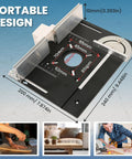 Heavy Duty Aluminum Router Table Insert Plate With Tough Badass Glide Coating And Zero Sweat Laser Scaled Markings Ideally Suited For Rapid Woodworking Bench Tweaks On Any Weekend Garage Build, showcasing portable design with measurement markings.