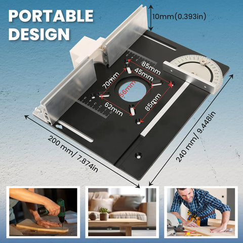 Heavy Duty Aluminum Router Table Insert Plate With Tough Badass Glide Coating And Zero Sweat Laser Scaled Markings Ideally Suited For Rapid Woodworking Bench Tweaks On Any Weekend Garage Build, showcasing portable design with measurement markings.