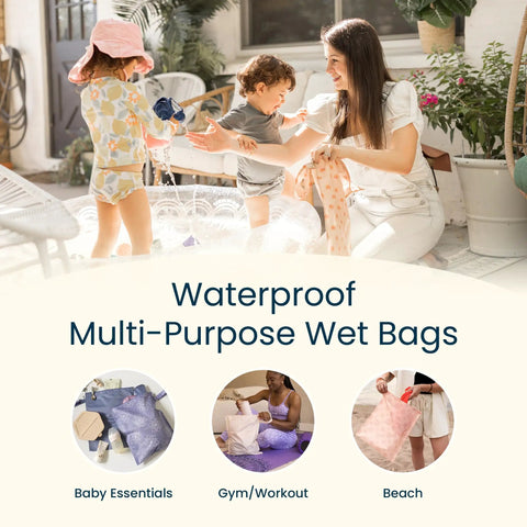 Wet bag set used for baby clothes and swimsuits at poolside, Mess-Proof Wet Bag Set 2-Pack Reusable Waterproof Bags For Swimsuits And Baby Clothes.