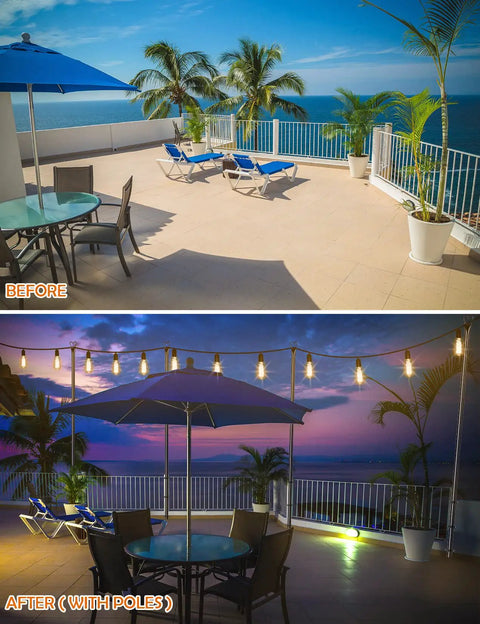 Before and after of patio with Sturdy Outdoor String Light Poles 2 Pack With 5 Prong Foot And U Bracket for enhanced lighting.