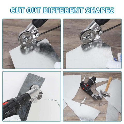Fast Cutting Metal Nibbler Drill Attachment used for cutting sheet metal into various shapes on a wooden surface.