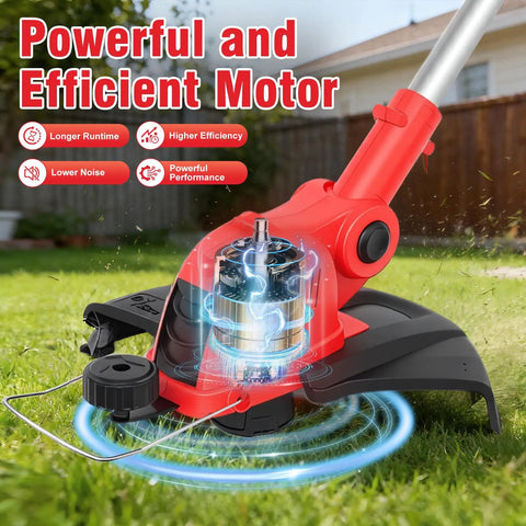 Close-up of 21V Cordless Weed Wacker And Edger Kit with 12 Inch Trimmer showcasing powerful motor on grass.