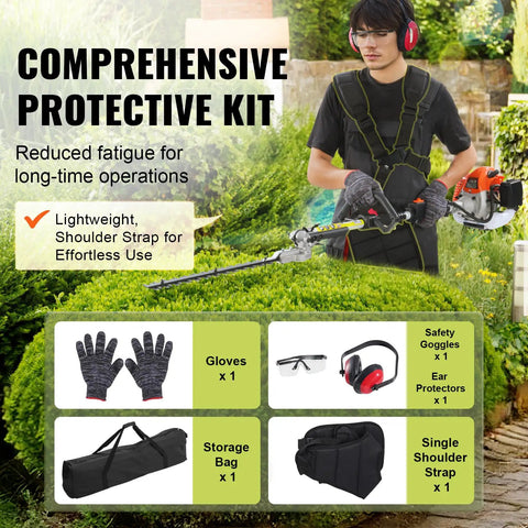 Person using Five In One 26cc Gas Powered Two Stroke Garden Tool Kit with Dual Sided Hedge Trimmer, wearing protective gear.
