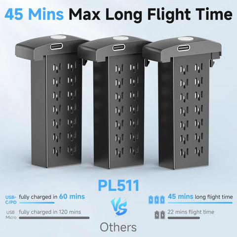 Three modular batteries for 4K Camera Drone For Adults And Teens showcasing 45 mins flight time and USB charging options.