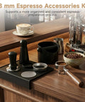 Kickstart Your Daily Grind With This Dope 6 Piece Espresso Accessory Kit Featuring A Heavy Duty 58 Mm Tamper on a wooden counter.
