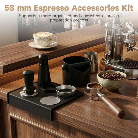 Straight Fire 58mm Espresso Accessories Kit With Precision Coffee Tamper Distribution Tool Dosing Funnel Puck Screen Knock Box And Durable Rubber Mat For Your Daily Barista Vibe Boost arranged on wooden countertop.