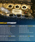 Engine bay showcasing compatibility list for Beefed Up All Aluminum Engine Oil Filter Housing With Oil Cooler Upgrade For 2011-2016 models.