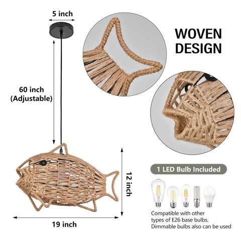 Woven Pendant Light Dope Boho Chandelier With Fish Shape Rustic Farmhouse Hemp Rope Rattan Fixture with 60-Inch Adjustable Cord