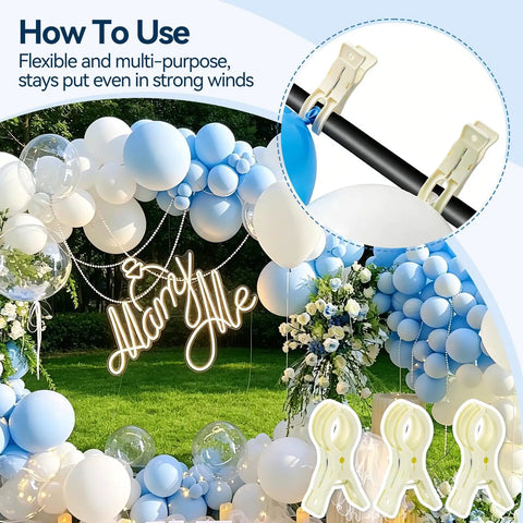 Heavy Duty Balloon Arch Clips In Pack Of Ten Beige Spring Towel Clips Fit 3.5 Inch Backdrop Stand holding blue balloons outdoors